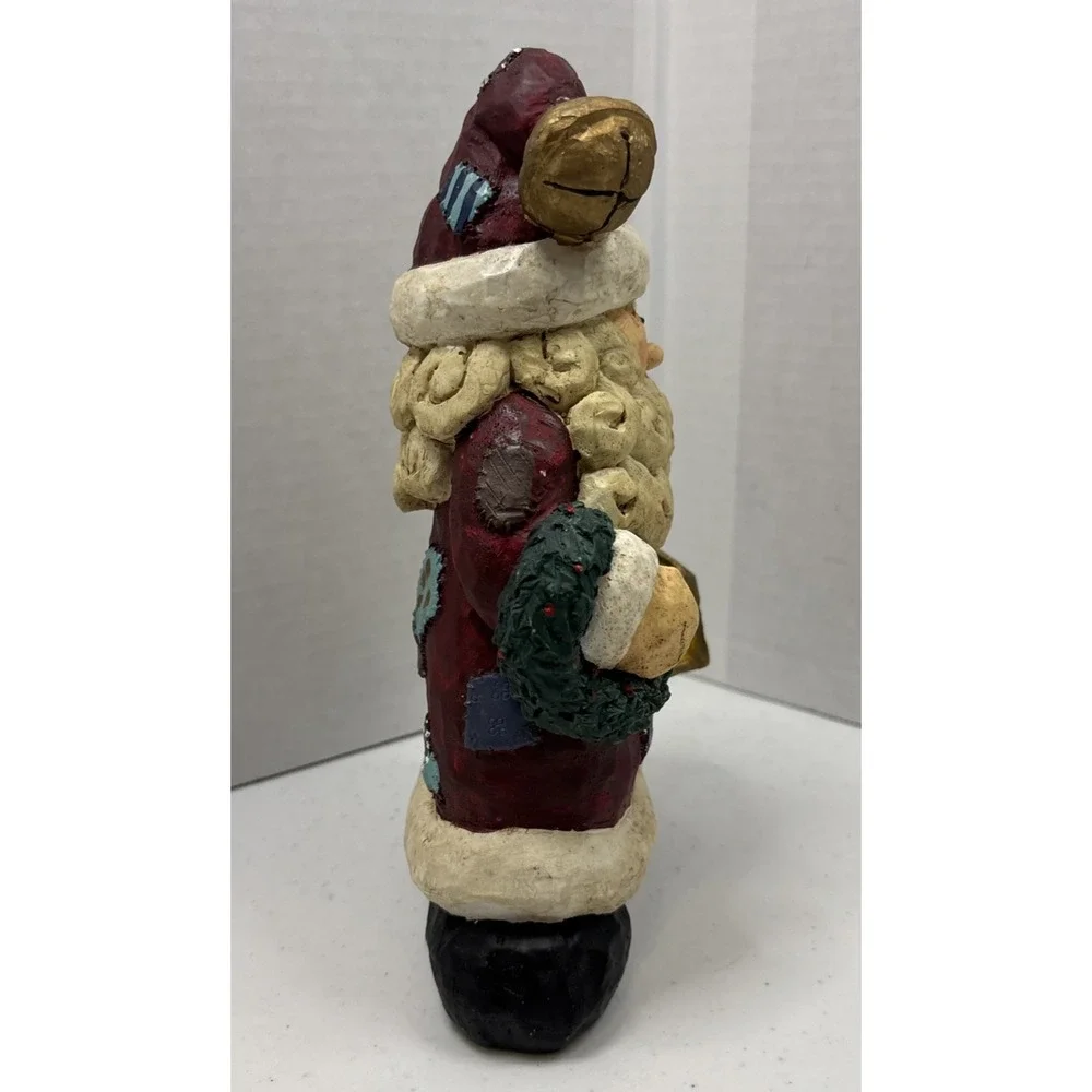 Vtg Resin Patchwork Santa Claus Holding Teddy Wreath & Lantern Figurine‎